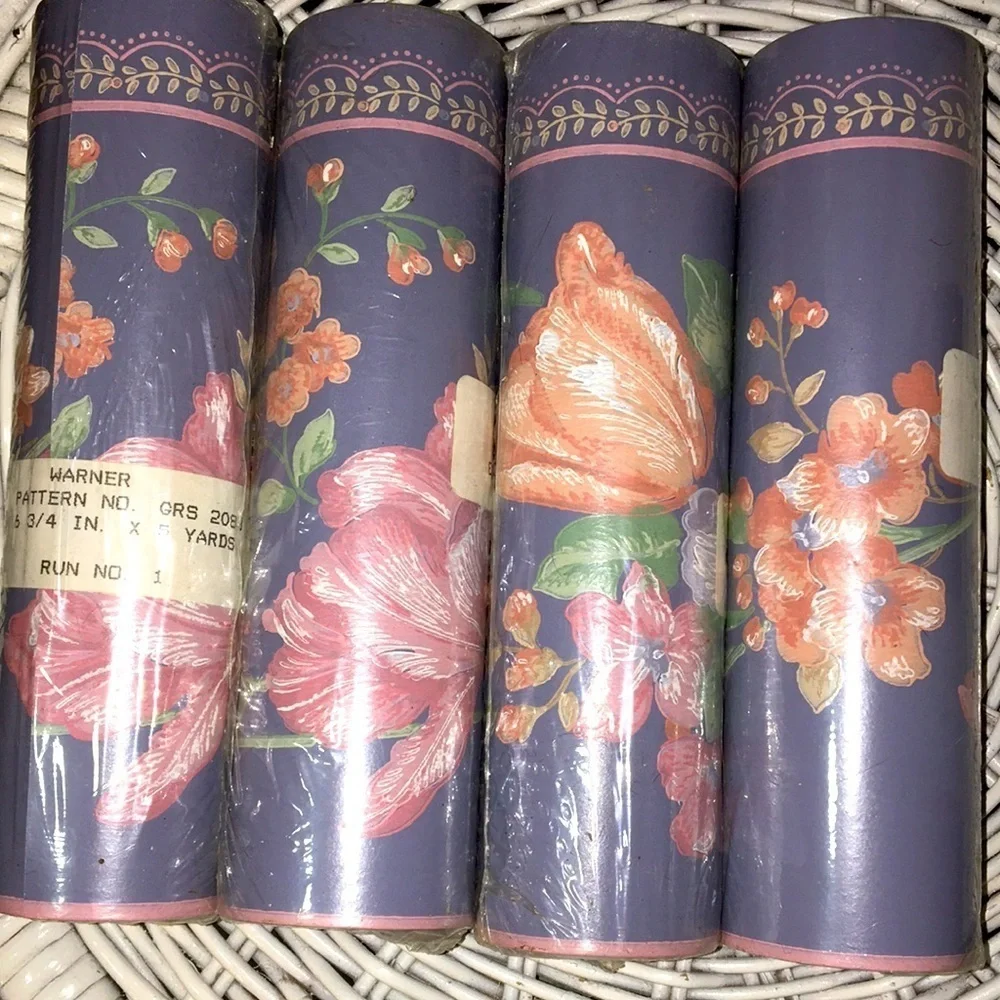 4 Rolls Vintage Wallpaper Border 20 Yards /60 Linear Ft Blue Pink Country Floral